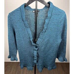 Vintage Carole Little Cardigan Large Teal Ruffle Collar Bell Sleeve 1 Button
